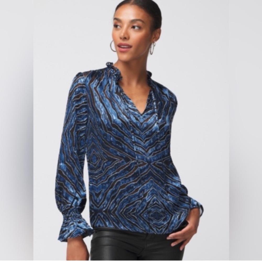 EUC WHBM Geo Silk Blend Burn Out Zebra Print Tie Blouse Medium